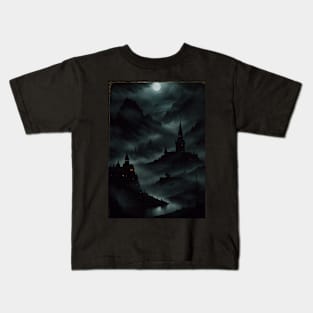 Spooky Village Overlooking a Misty River Kids T-Shirt